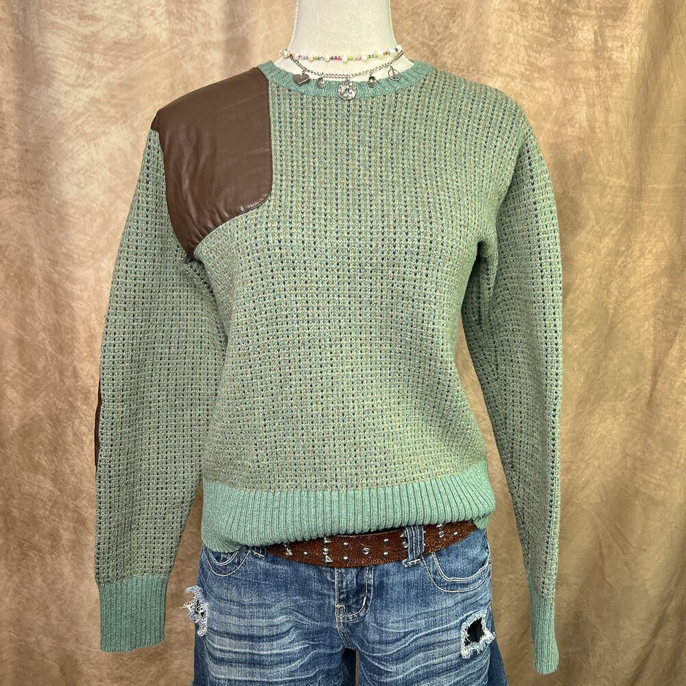 Ralph Lauren Patchwork Sweater Faux Leather Knit Green Preppy Academia Fall